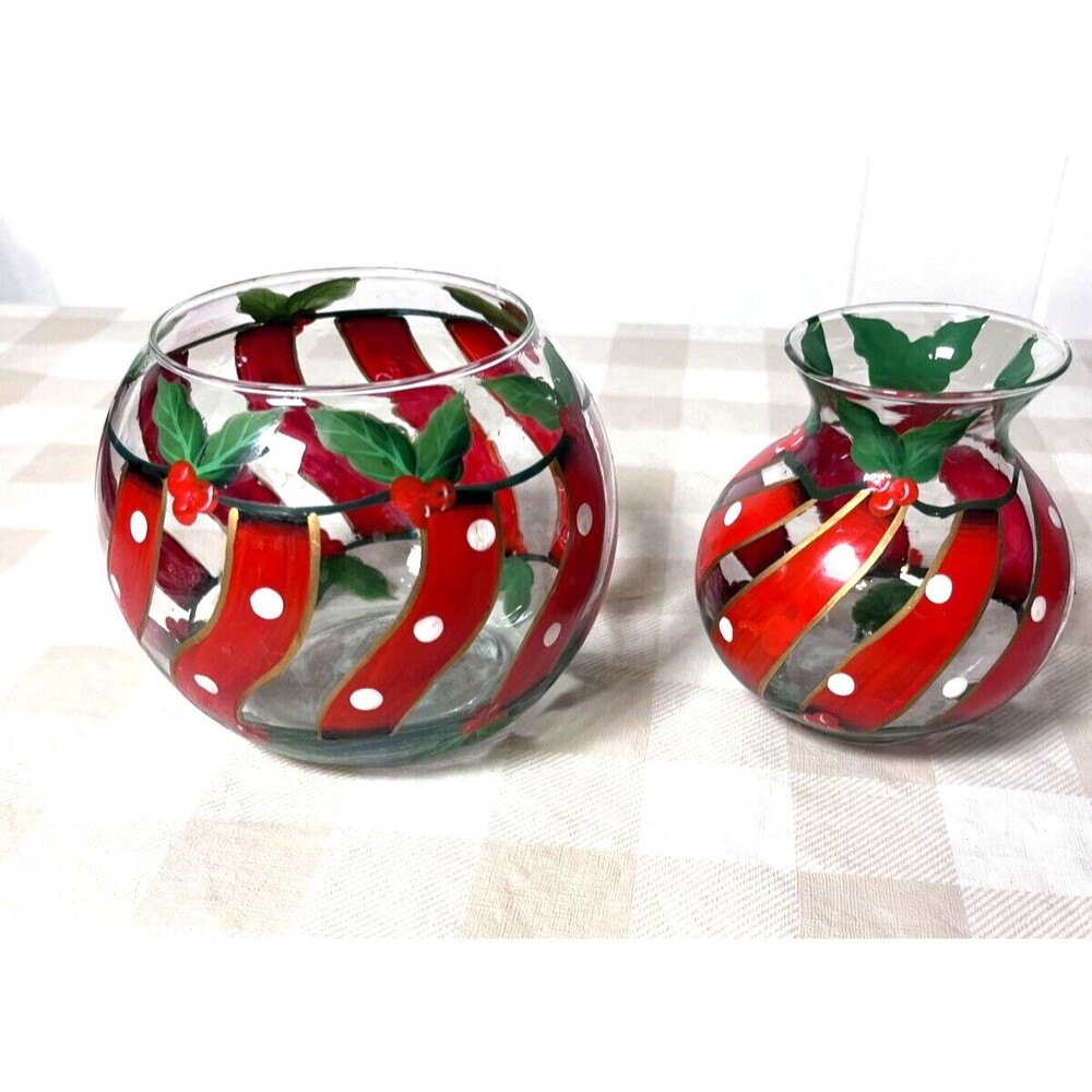 Vintage 60's Christmas Handpainted Holly&Ribbon Bud Vase & Round Candle Holder